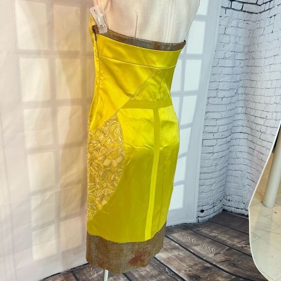 Nicole Miller collection yellow silk satin lace accent strapless cocktail dress - Picture 5 of 10